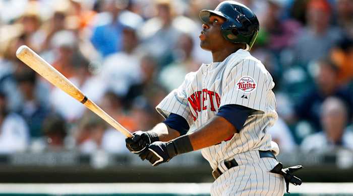 Twins center fielder Torii Hunter bats in the fifth inning against the Tigers at Comerica Park in Detroit on June 29, 2007. The Twins defeated the Tigers 8-5.